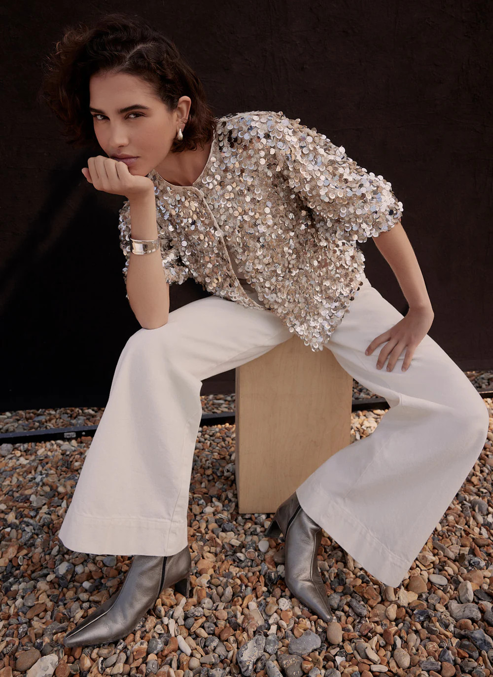 Silver Sequin Puff Sleeve Top | Mint Velvet