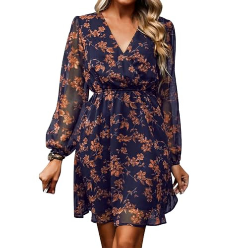 Women's Floral Print Chiffon Dresses V-Neck Tie Long Sleeve A-Line Ruffle Cocktail Party Dresses Purple XL | Amazon (US)