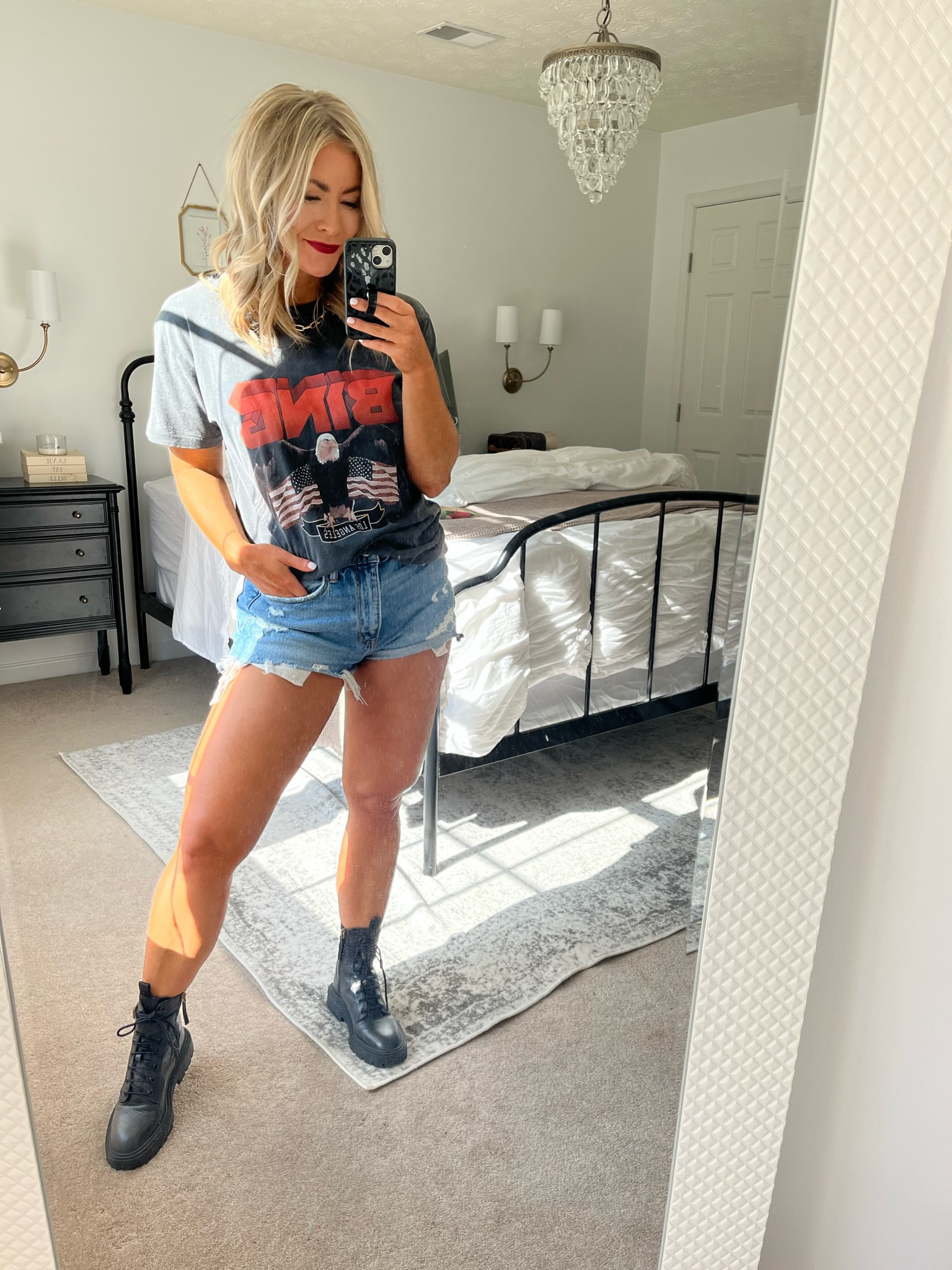 Fourth of July look, graphic tee, denim shorts, black combat boots 

#LTKstyletip #LTKU #LTKSeasonal