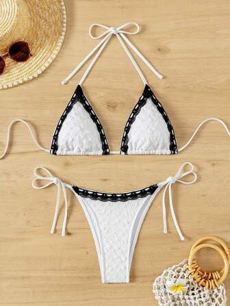 SHEIN Swim Summer Beach Contrast Color Lace Trimmed Side Tie Bikini Set | SHEIN USA | SHEIN
