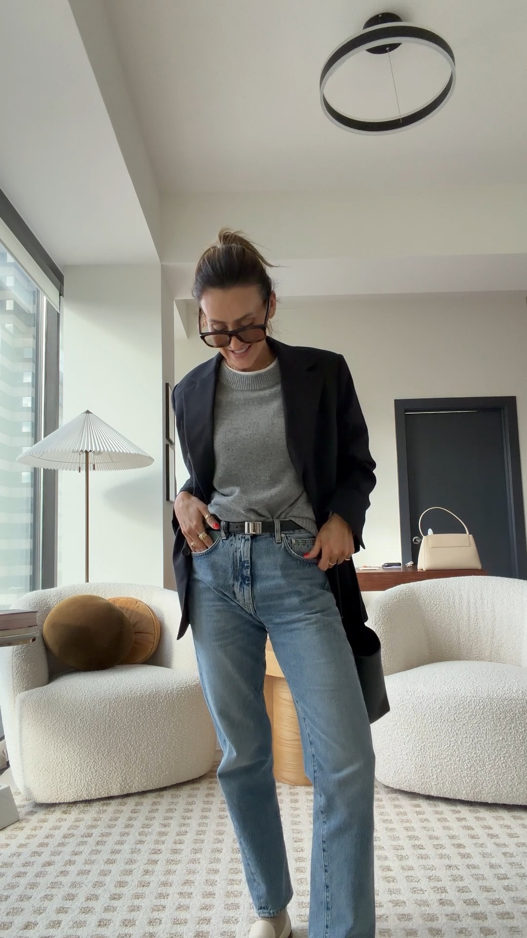 Apartment visits day outfit! Wearing my Toteme cigarette jeans - the silhouette of the season! Layered cashmere sweater and an oversized blazer along with loafers! 
Linking my makeup touch up goodies also! 

#LTKootd #LTKgrwm #LTKOver40