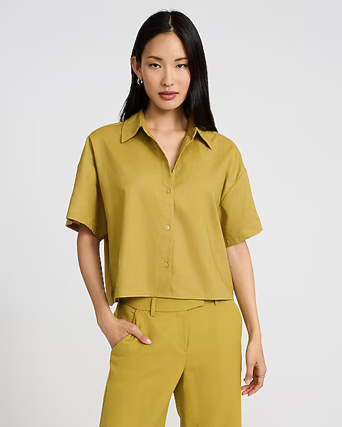 Linen-Blend Short Sleeve Cropped Shirt | Express