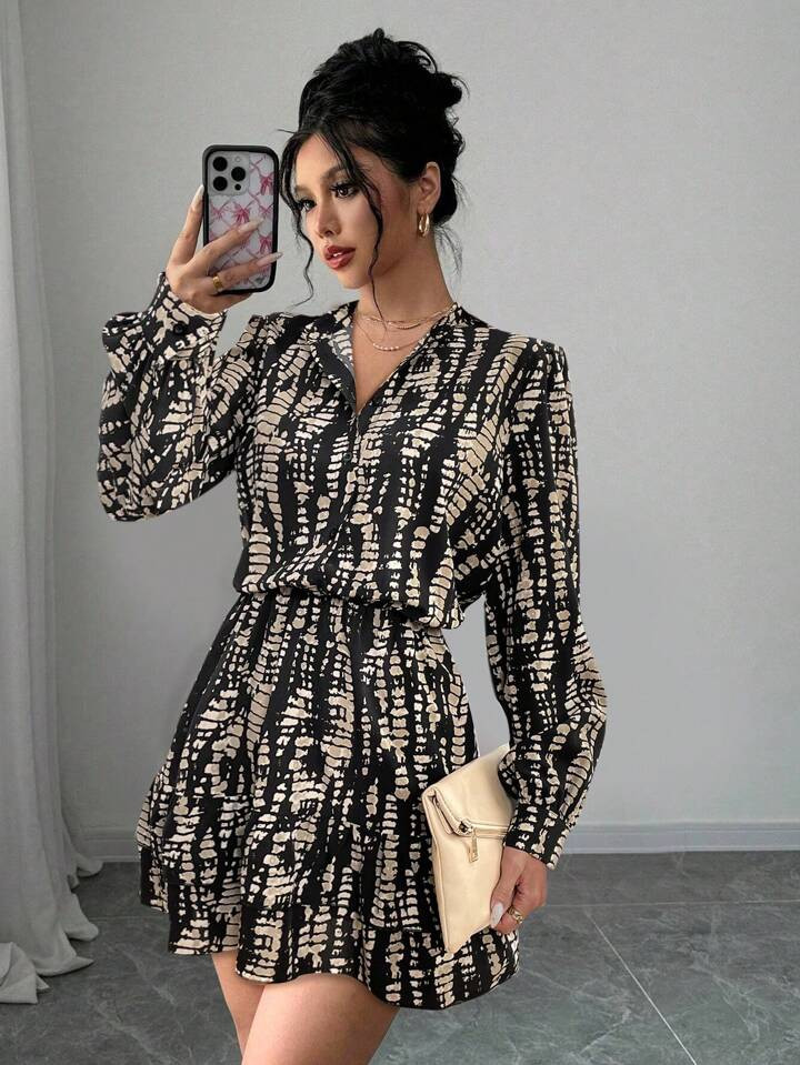 SHEIN Relaxiva Women Stand Collar Cardigan Waist Lantern Sleeve Ruffle Hem Long Sleeve Short Dres... | SHEIN