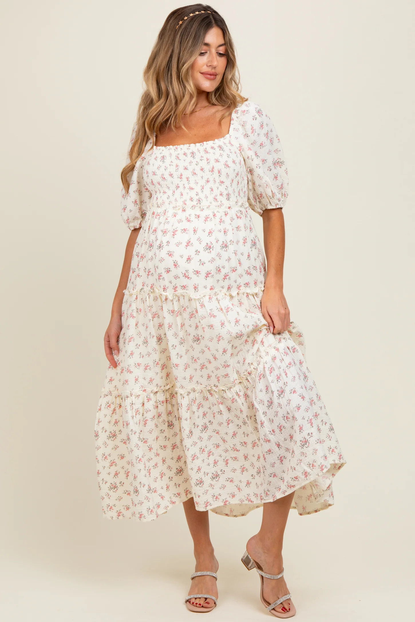 Pink Floral Smocked Ruffle Tiered Maternity Maxi Dress | PinkBlush Maternity