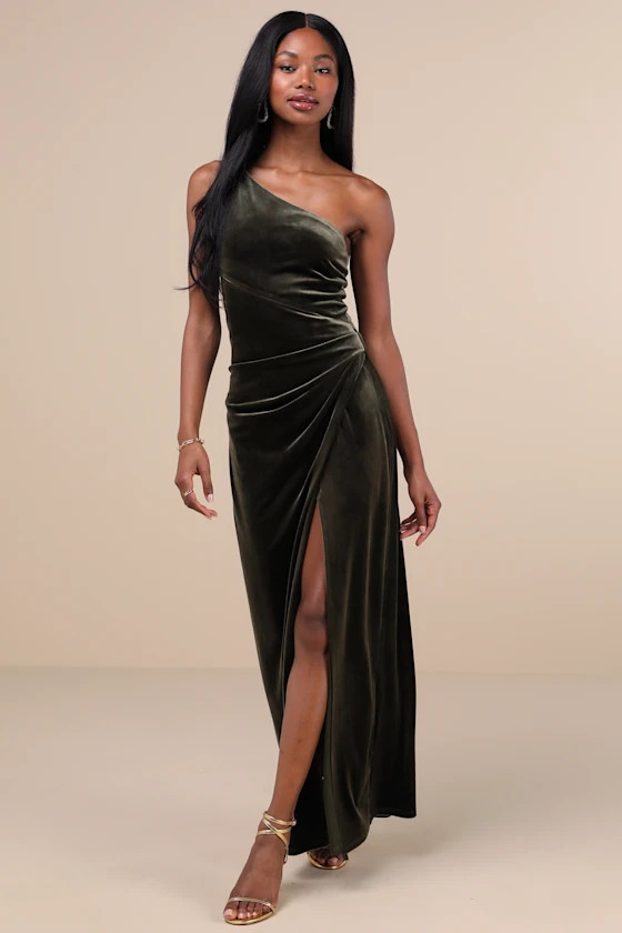 Elegant Era Olive Green Velvet One-Shoulder Maxi Dress | Lulus