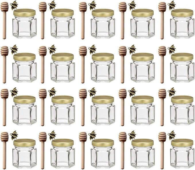 Adabocute 1.5 oz 20 pack Hexagon Mini Glass Honey Jars with Wood Dipper, Gold Lid, Bee Pendants -... | Amazon (US)