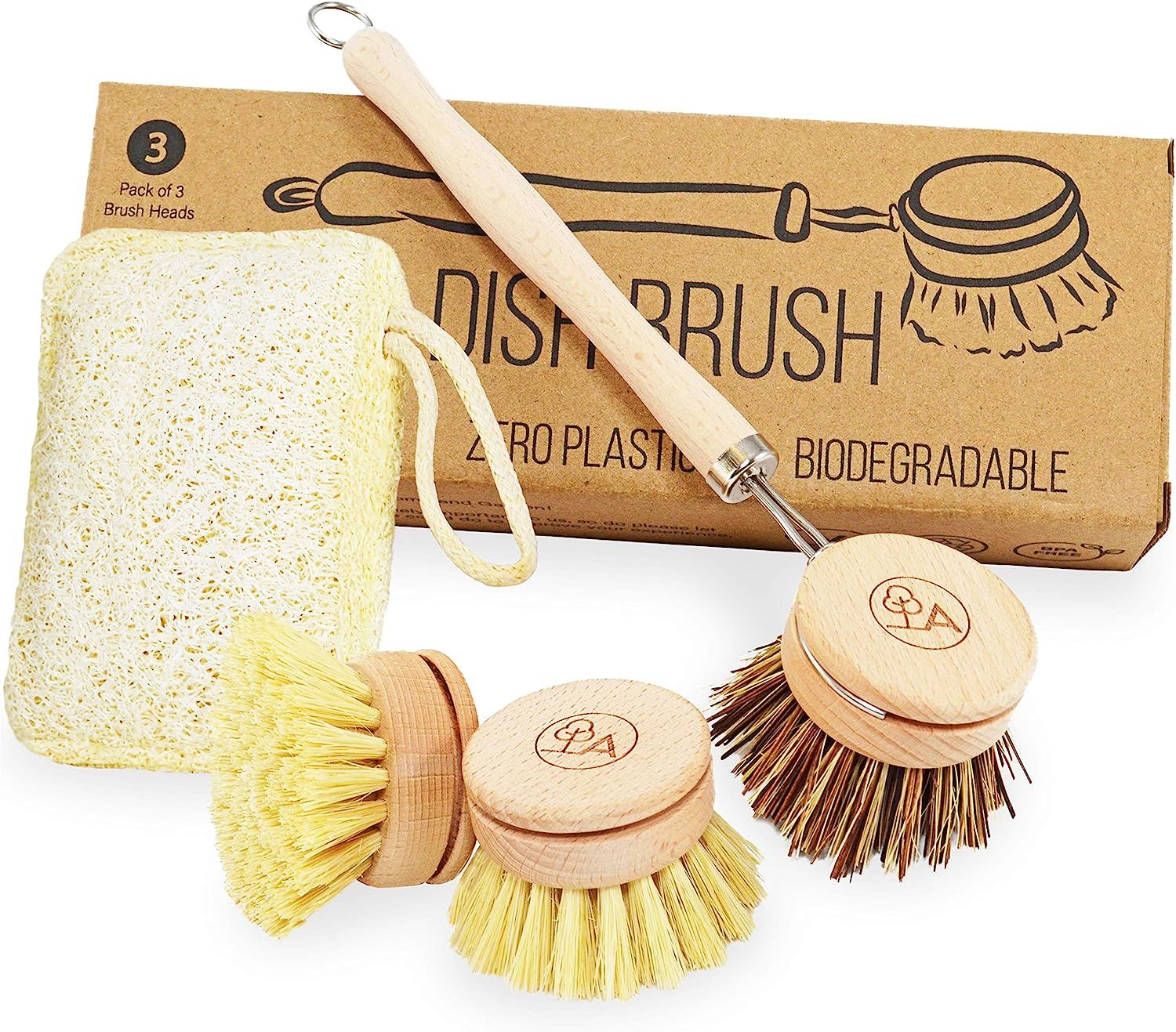 Amazon.com: Wooden Dish Brush & Eco Sponge Set - Eco Friendly Cleaning Products - Low-Waste Woode... | Amazon (US)
