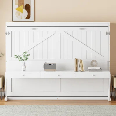 Queen Size Wall Murphy Bed With Storage, Foldable Cabinet Bed With Vanity Desk, Center Mirror & 2 Side Drawers, White | Wayfair North America