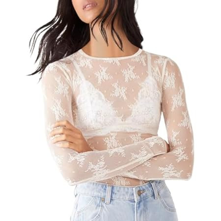 Mincib Mesh Lace Long Sleeve Layering Top for Women Mock Neck See Through Floral Shirt Tops | Amazon (US)