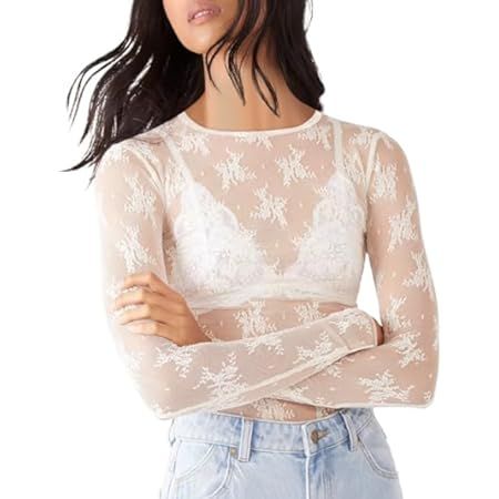 Mincib Mesh Lace Long Sleeve Layering Top for Women Mock Neck See Through Floral Shirt Tops | Amazon (US)
