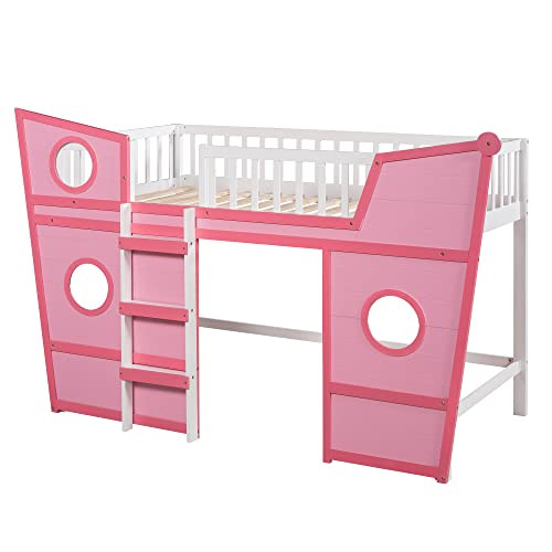 SOFTSEA Cute Low Loft Bed for Kids or Teens, Boat-Shaped Bed Frame with Safety Guardrails, Twin L... | Amazon (US)