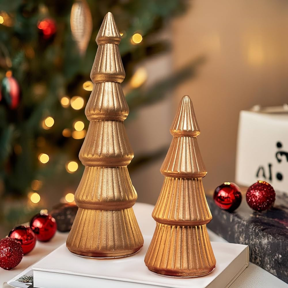 NEROSUN Wooden Christmas Tree Figurine, Set of 2 Gold Christmas Tree Decor, Christmas Tree Orname... | Amazon (US)