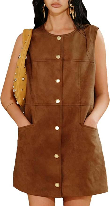 Bozanly Women's Vintage Faux Suede Pinafore Dress Button Down Mini Dresses | Amazon (US)