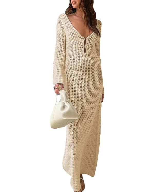 Women Long Knit Dress Solid Color Hollow-Out Deep V-Neck Long Sleeve Bodycon Dress Fall Backless ... | Amazon (US)