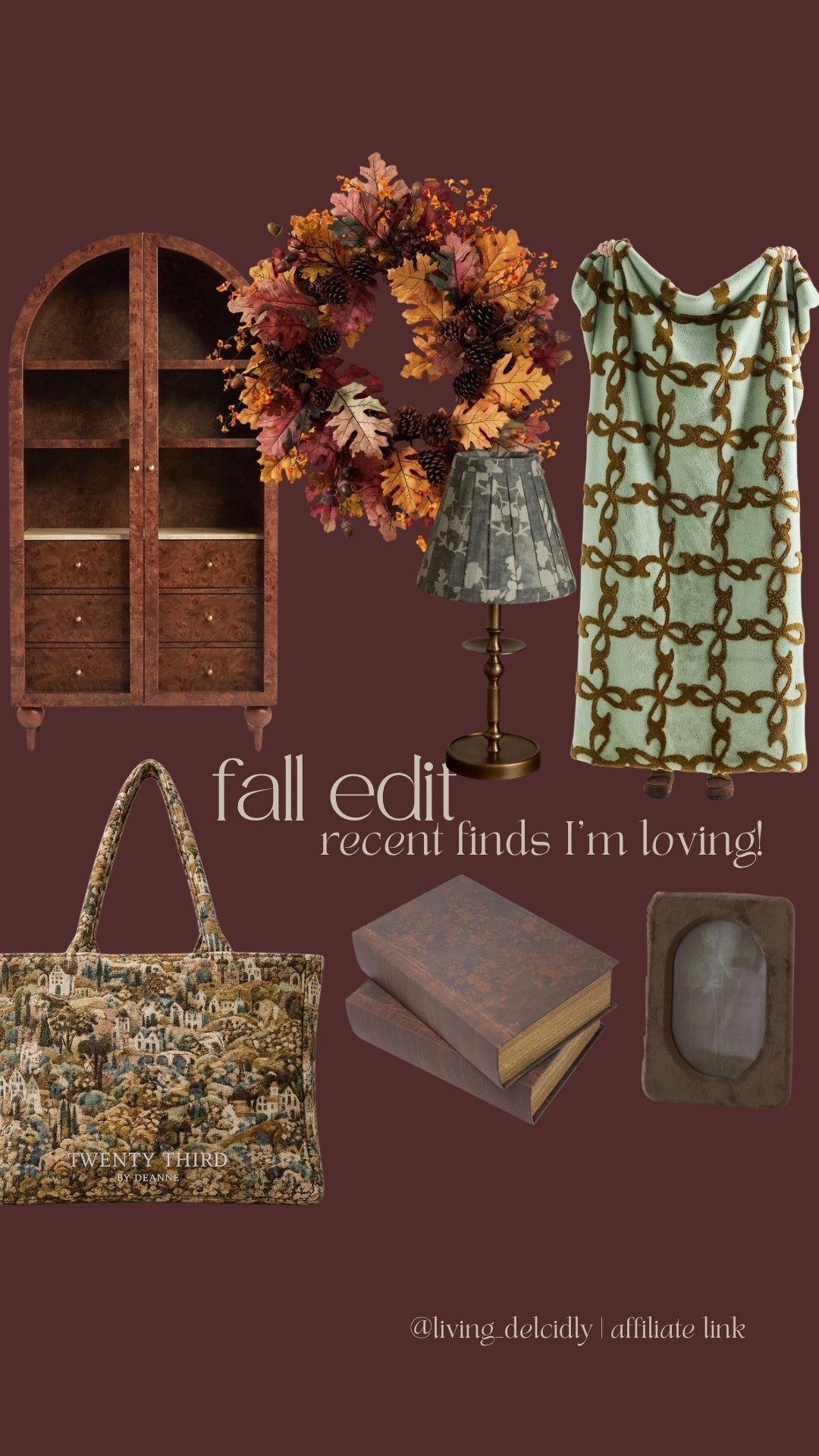 A little fall edit of recent finds that made me 😍

Fall home decor, cozy fall finds, vintage inspired home decor, autumn home styling, fall decorating ideas, cozy cottage decor, traditional home decor, vintage aesthetic, fall wreath, decorative books, pleated lampshade, patterned throw blanket, tapestry tote bag, warm neutral home decor, collected home style, cottagecore decor, timeless home finds