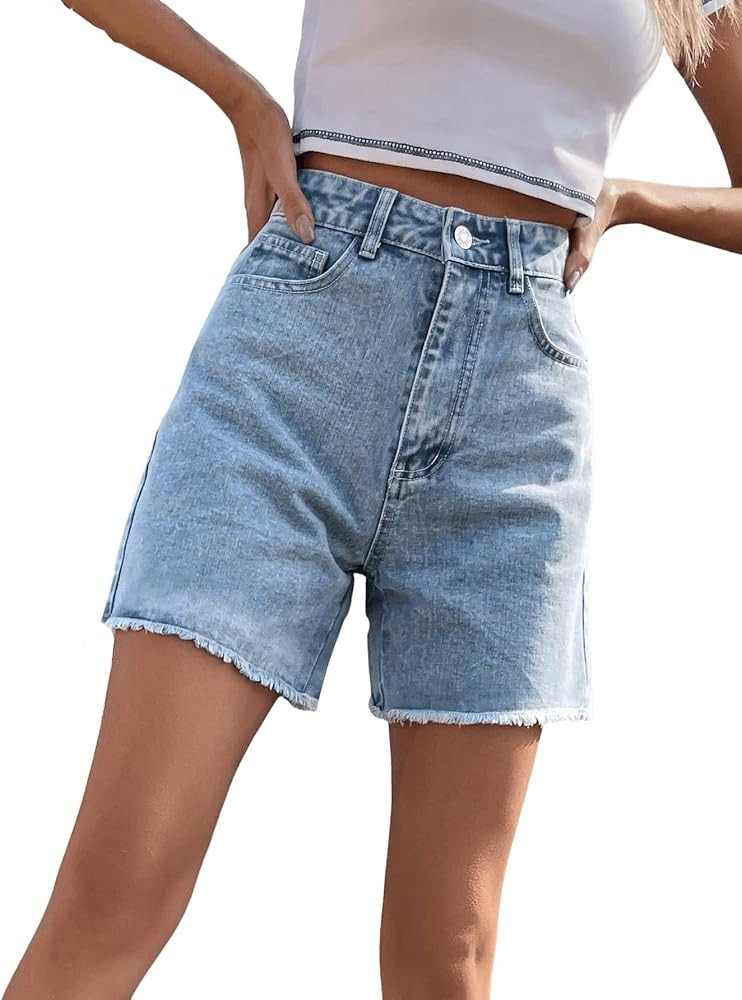 SweatyRocks Women's High Waist Denim Shorts Straight Leg Raw Hem Jean Shorts Summer Hot Pants wit... | Amazon (US)