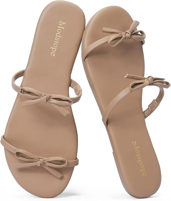 Modatope Women’s Two Strap Flat Sandals Bow Detail Summer Beach Casual Dressy Slip On Walking S... | Amazon (US)