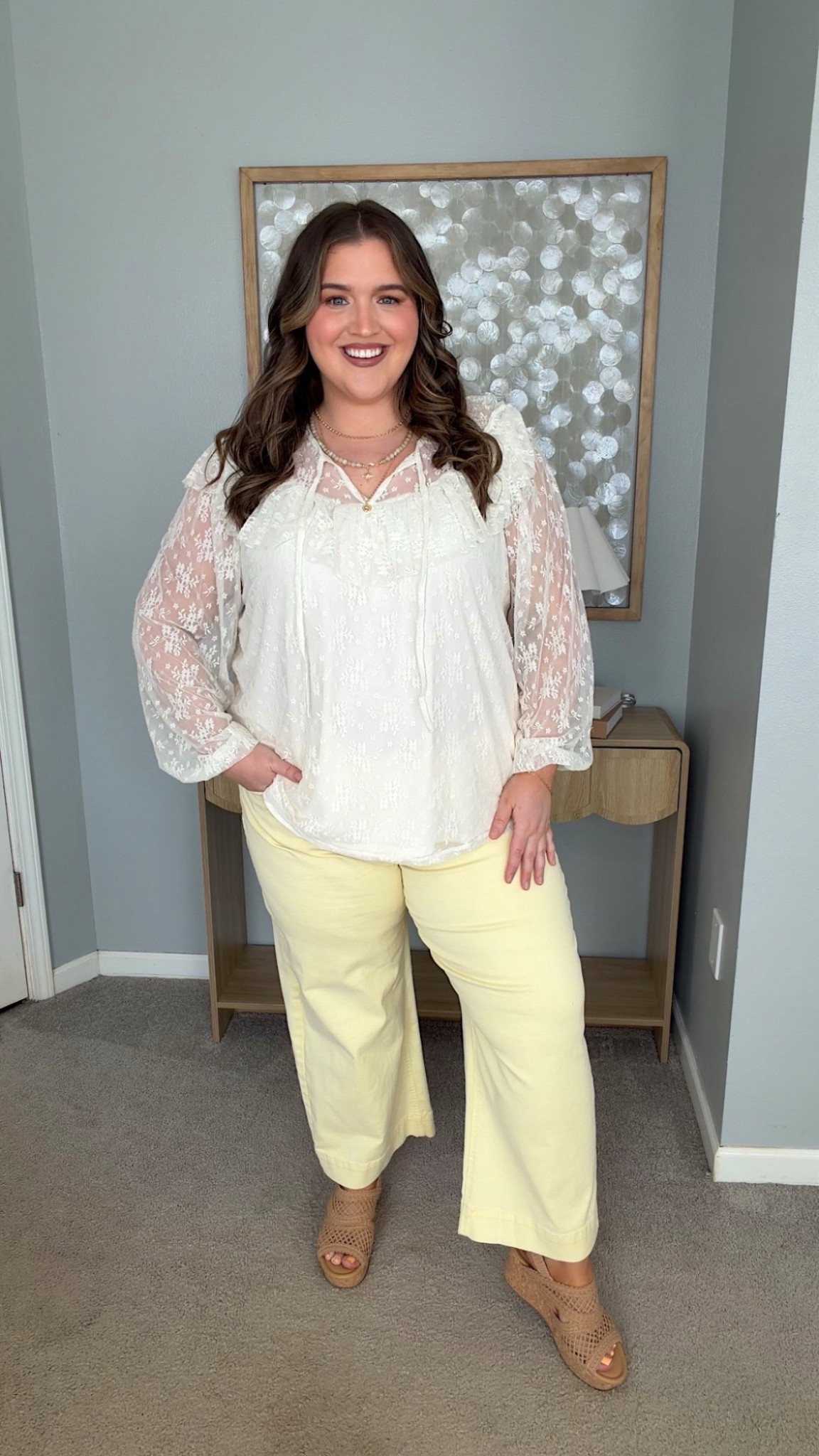 This @Maurices outfit is the epitome of spring 💐🌼with these adorable yellow pants and the soft, feminine ruffle top. I feel so confident in this outfit (these lace sleeves are adorable and so flattering). I love how size inclusive this look is and the way it works for everyone is pure magic. 
Plus size outfit inspo 

#LTKSaleAlert #LTKPlusSize #LTKSeasonal