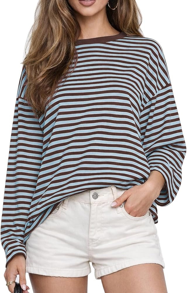 CHYRII Women Oversized Striped Long Sleeve T Shirt Fashion 2026 Crewneck Casual Fall Spring Tops ... | Amazon (US)