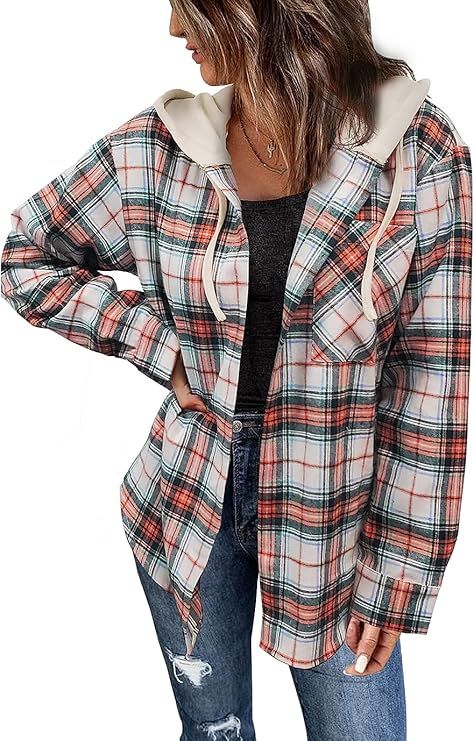 KIRUNDO Women's Long Sleeve Plaid Hoodies Jacket Shirts Casual Loose Button Down Shacket Jacket C... | Amazon (US)