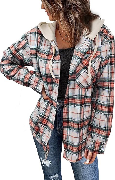 KIRUNDO Women's Long Sleeve Plaid Hoodies Jacket Shirts Casual Loose Button Down Shacket Jacket B... | Amazon (US)