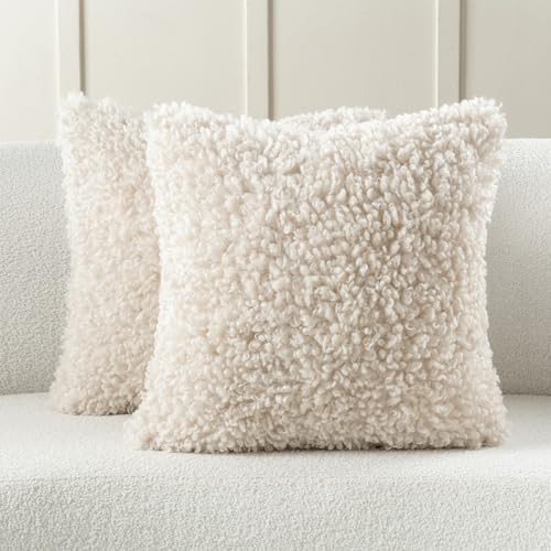 FUTEI Beige Decorative Throw Pillow Covers 18x18 Inch Set of 2,Soft Fluffy Faux Wool Fur Boucle T... | Amazon (US)
