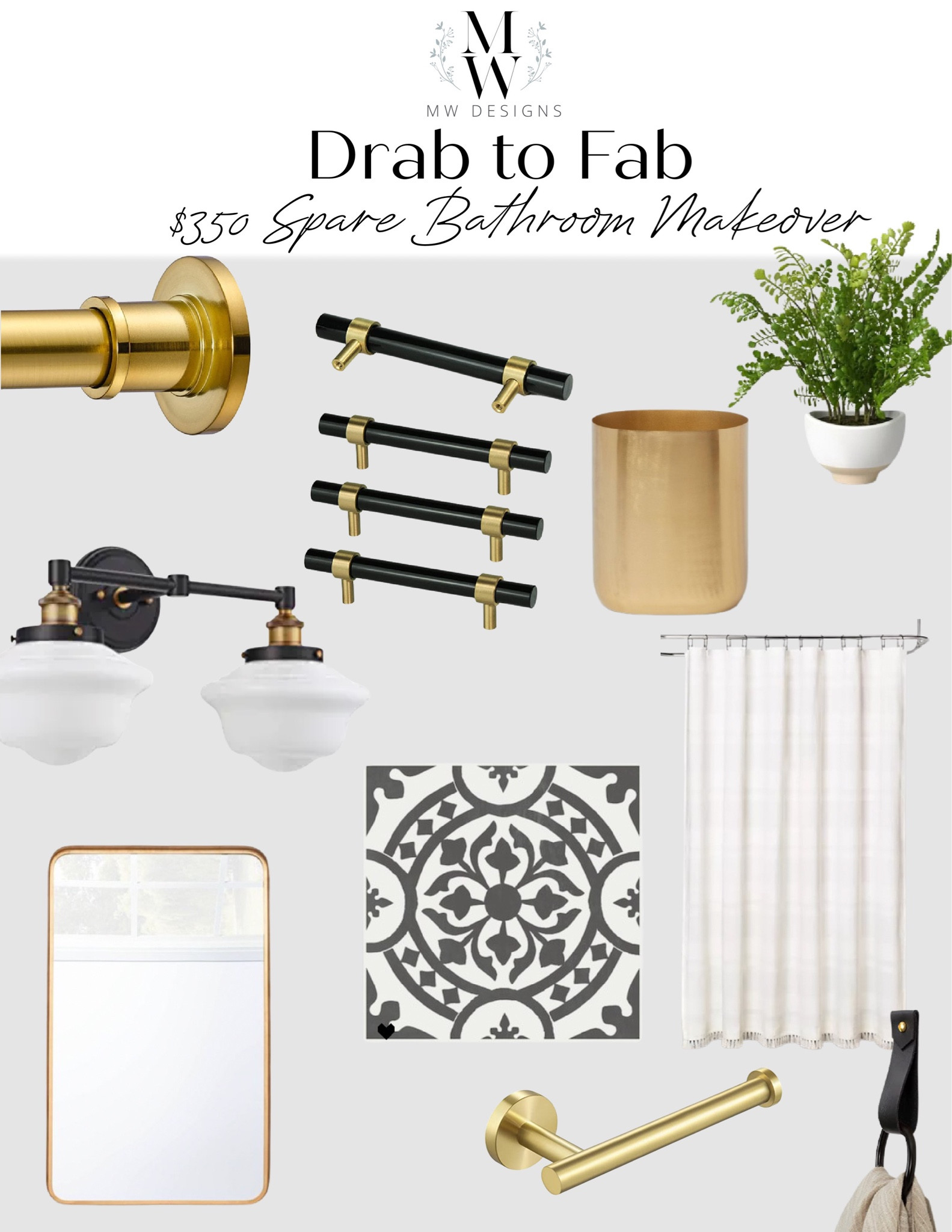 Budget friendly bathroom makeover ideas 
Bathroom light fixture, small mirror , gold mirror, bathroom mirror, flooring, patterned flooring, faux plants, shower curtain, cabinet pull

#LTKhome