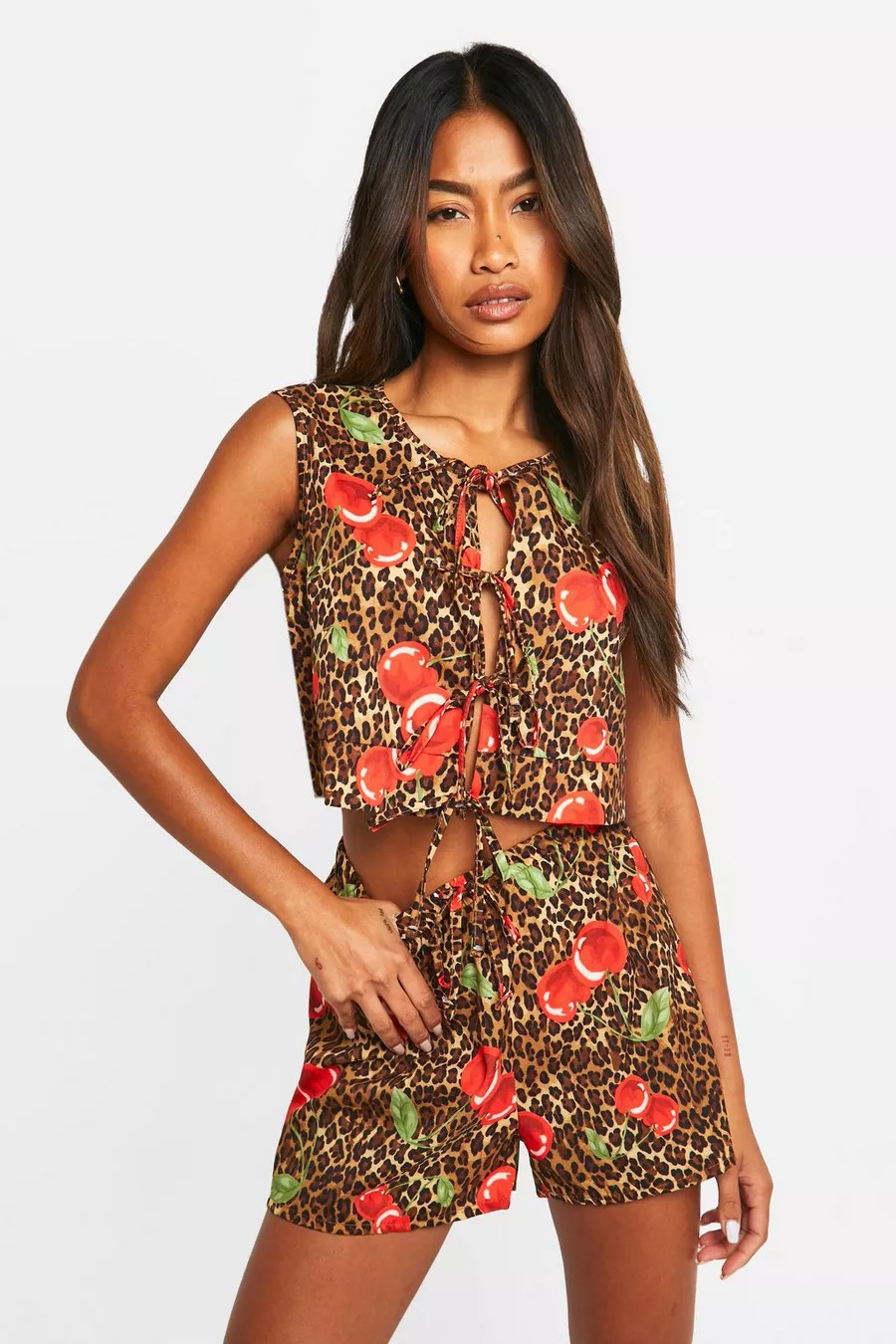 Linen Look Tie Front Cherry Leopard Blouse & Flippy Shorts | Boohoo.com (UK & IE)