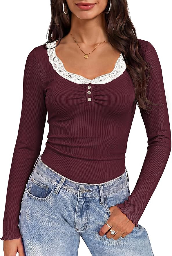 Womens Lace Henley Long Sleeve Shirts Ribbed Slim Fit Fall Going Out Tops | Dressy Casual Basic Y... | Amazon (US)