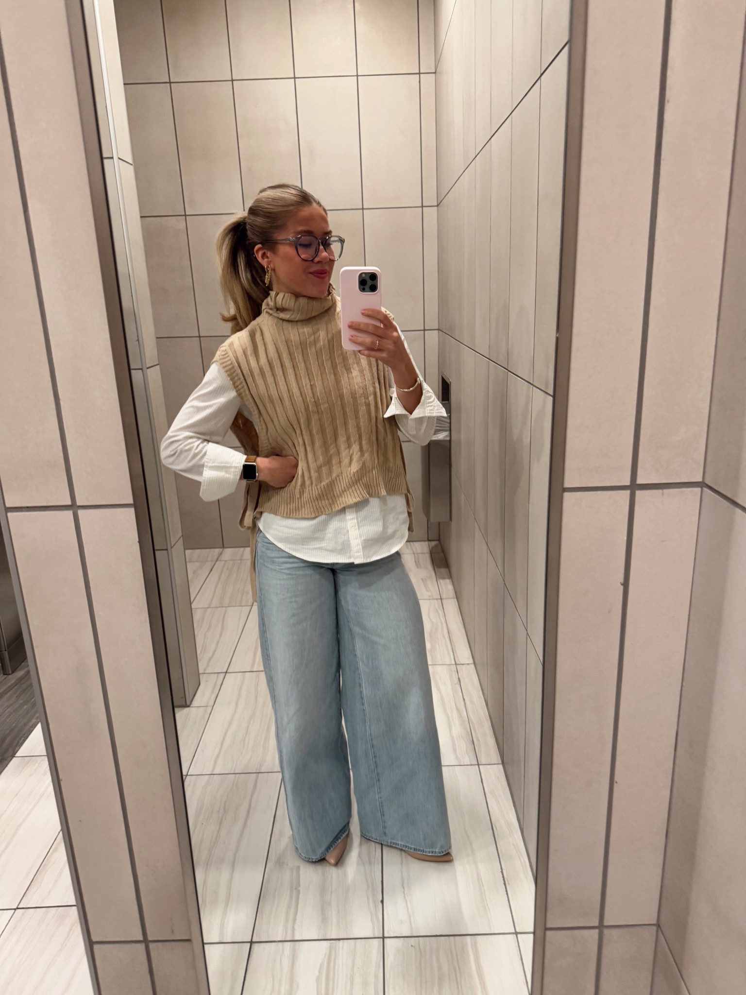 winter casual office outfit workwear | wide leg jean | winter outfit inspo | office outfit