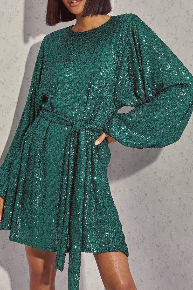 LORNA LUXE PREMIUM GREEN 'EMILY' SEQUIN BALLOON SLEEVE TIE WAIST MINI DRESS | In The Style (UK)