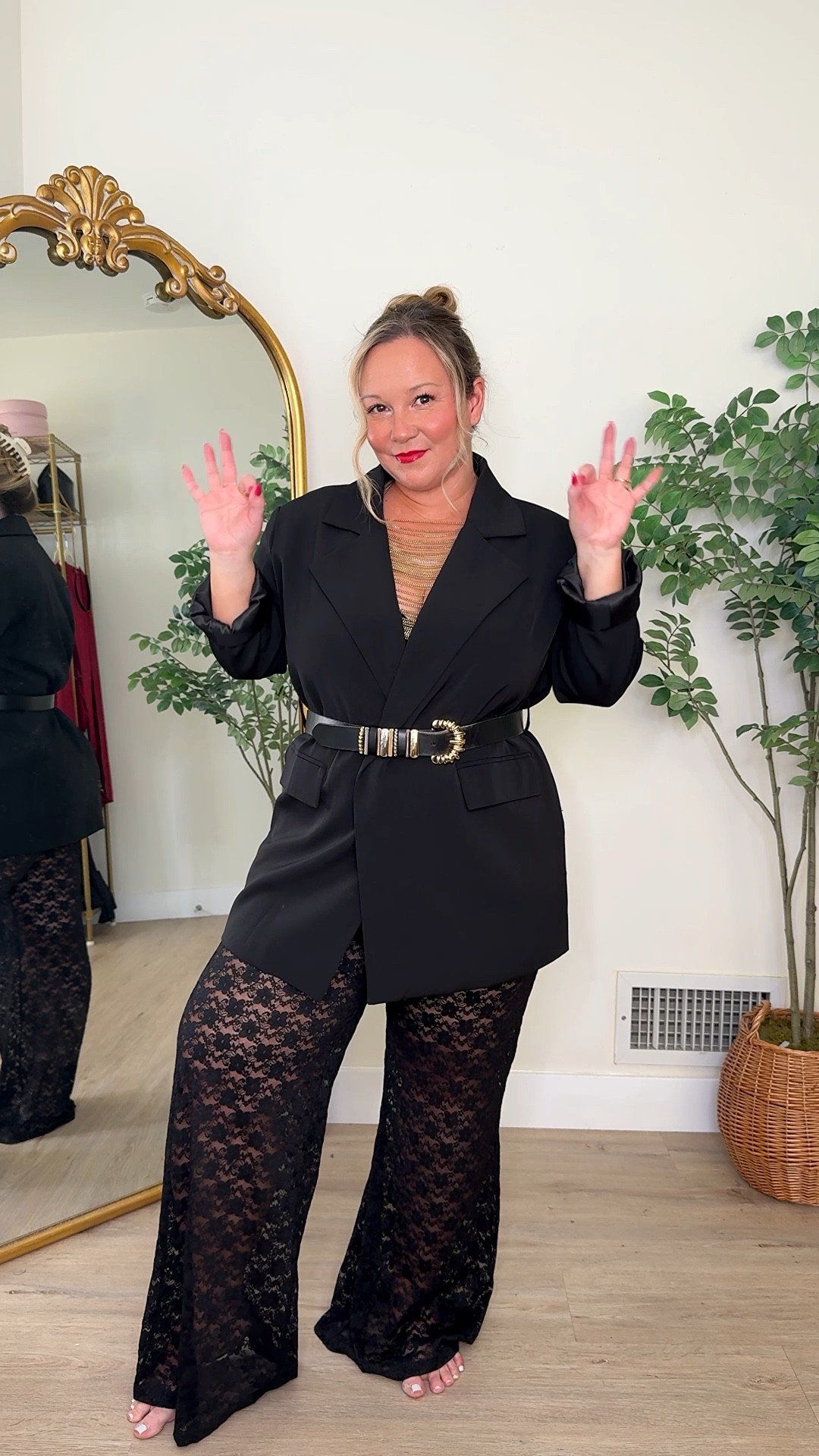 Valentine’s Day date night outfit 
Lace pants are old but I linked lots of similar styles! 
Body jewelry is one size and I’ve had it for 2+ years! It’s super High quality! 
Blazer size XL (size up for extra roomy oversized fit!)
Heels are old but I’ll link similar styles! 

Midsize style, spring trends, date night outfit, Valentine’s Day outfit, petite style, blazer style, Amazon fashion, Amazon finds, red lipstick 

#LTKPetite #LTKMidsize #LTKValentine