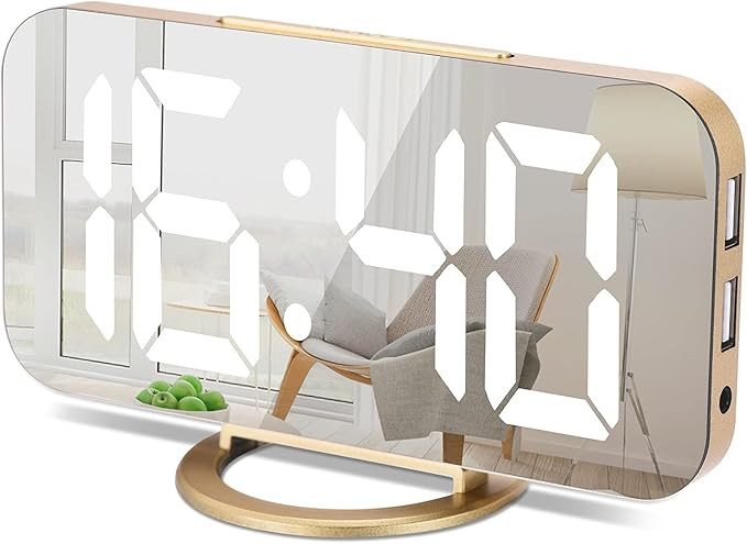 YGON Digital Alarm Clock with 7" Large Display, 2 USB Charging Ports/Auto Brightness, Makeup Mirr... | Amazon (US)