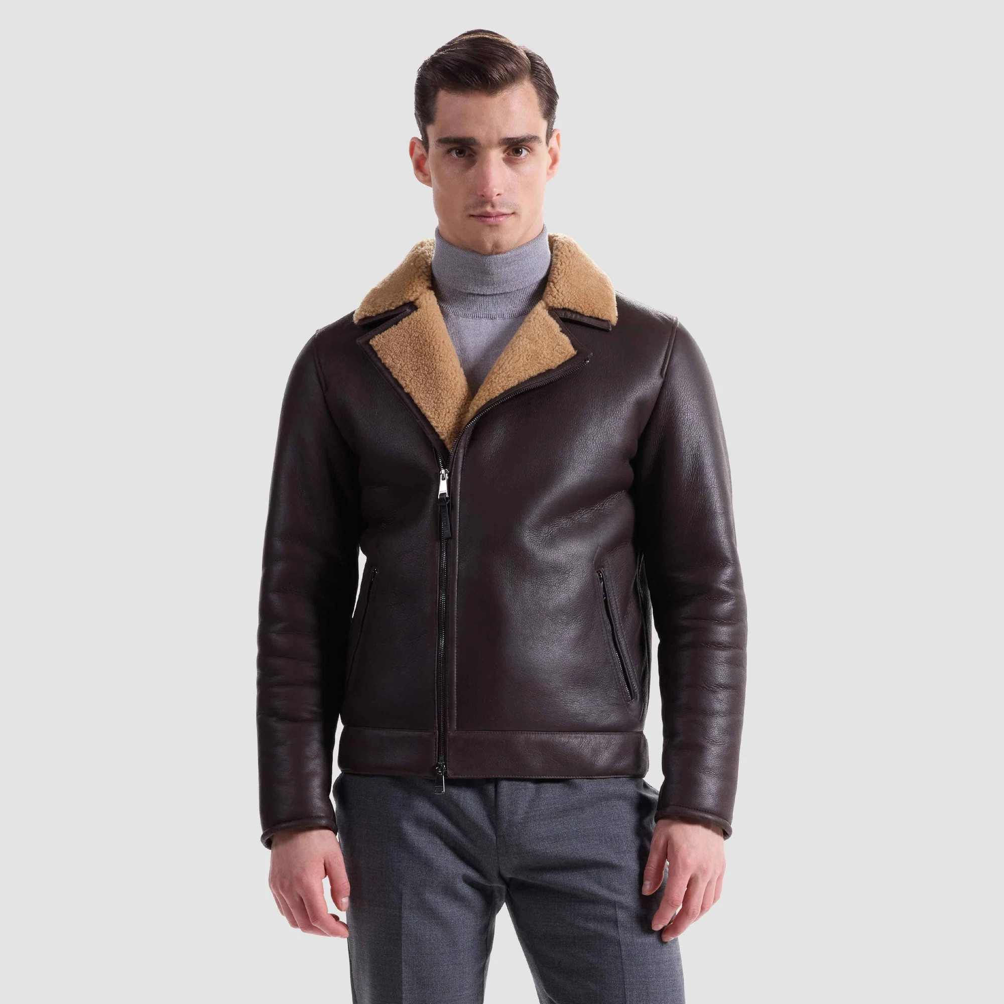 Shearling Lined Leather Biker Jacket | Bugatchi