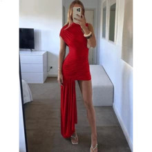 CRANBERRYSA Asymmetrical Ruched Sexy Bodycon Dress Woman High Neck Sleeveless Mini Dress Draped P... | SHEIN