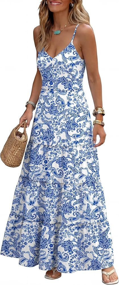 Caracilia Summer Maxi Dresses for Women Spaghetti Strap Back Smocked A Line V Neck Casual Long Dr... | Amazon (US)