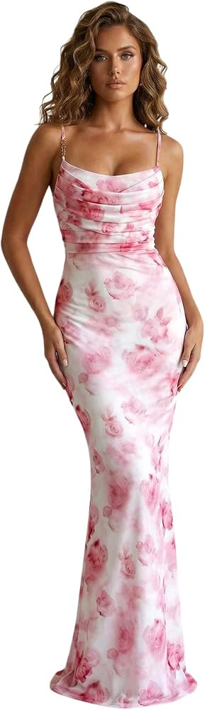 Women's Floral Bodycon Maxi Dress Elegant Ruched Cowl Neck Fishtail Sundress Wedding Guest Dresse... | Amazon (US)