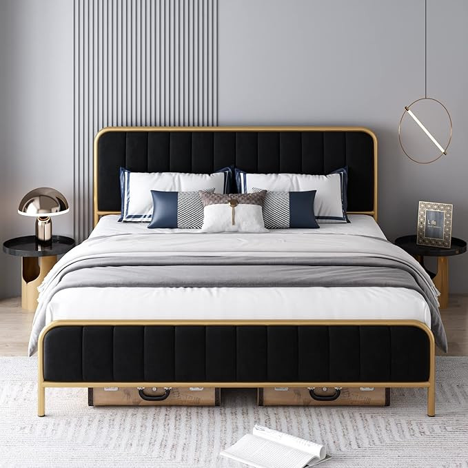 HITHOS Queen Size Bed Frame, Upholstered Bed Frame with Button Tufted Headboard, Heavy Duty Metal... | Amazon (US)