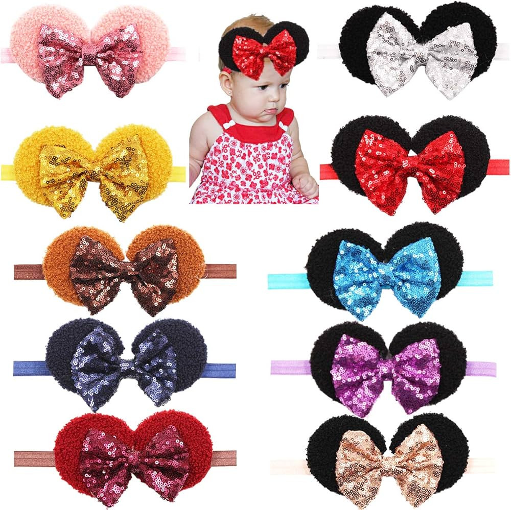 CellElection 10 Pack Baby Girls Sequin Headbands 6Inch Large Big Sparkly Glitter Sequin Hair Bows... | Amazon (US)