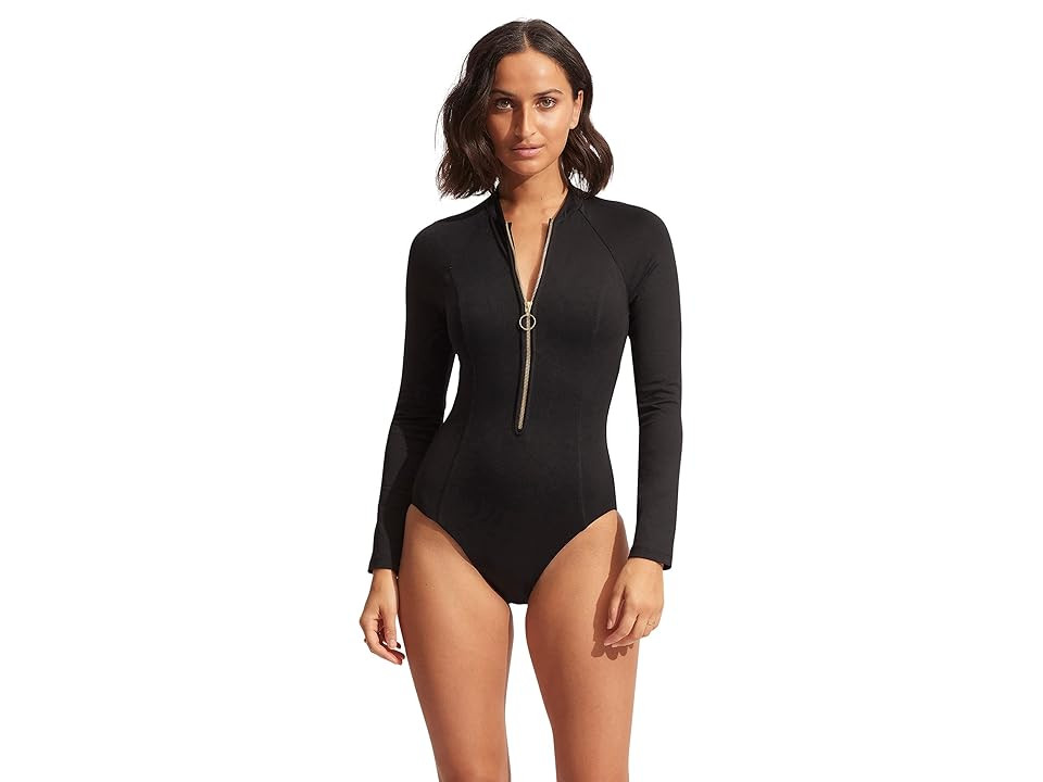 Seafolly Seafolly Collective Zip Front Surfsuit (Black) Women's Swimsuits One Piece | Zappos