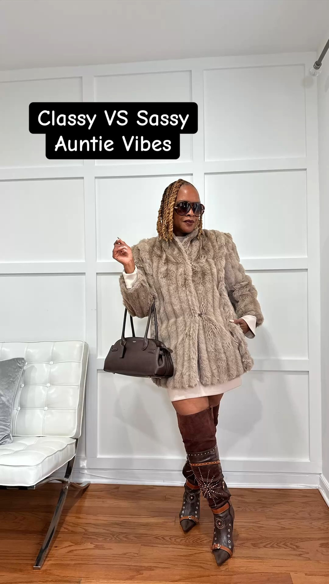 Classy vs Sassy Auntie Vibes

Sassy look:
Thrifted faux fur jacket 
Boots Akira
Bag Coach Macys 

 Classy look
Cow print coat TJMaxx
Brown Faux Leather Pants
Cow print shoes
Brown Coach Bag Macys

#LTKvlog #LTKdayinmylife #LTKHoliday
