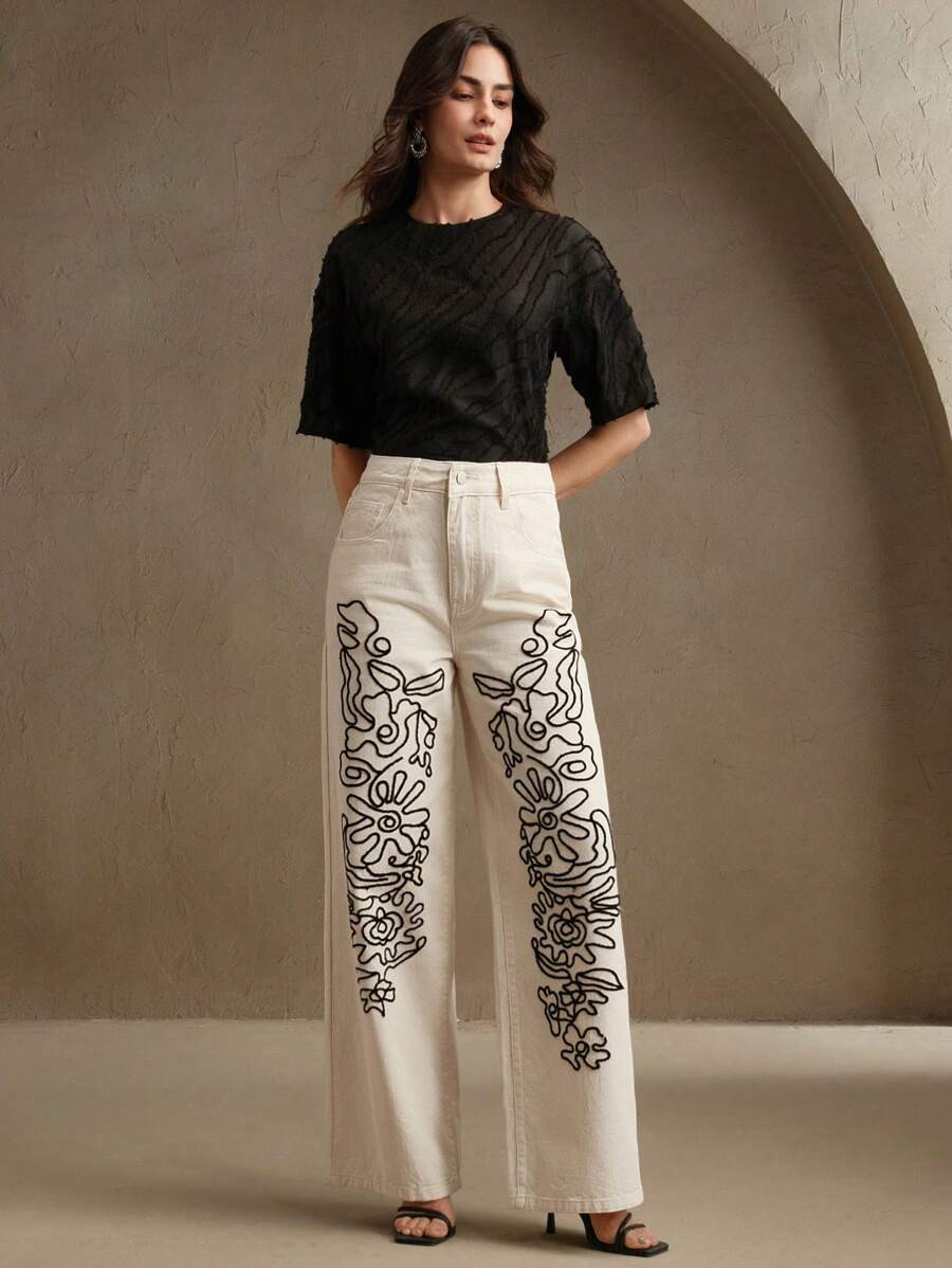 Anewsta Women's 3D Embossed Casual Slim Straight Leg Jeans, Elegant | SHEIN