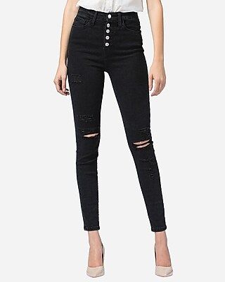 Flying Monkey Black Super High Waisted Ripped Button Fly Skinny Jeans | Express