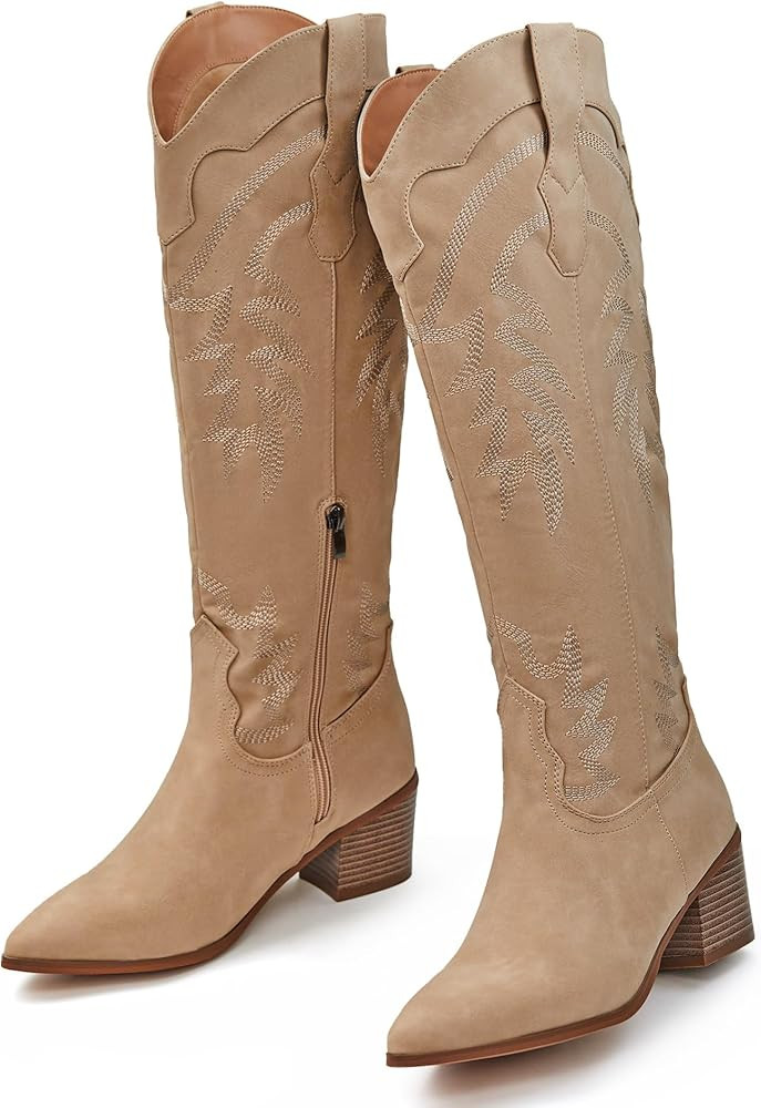 Coutgo Womens Cowgirl Boots Western Knee High Tall Boots Embroidered Chunky Heel Pointed Toe Zipp... | Amazon (US)