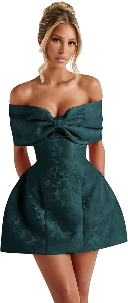 Zeeyecie Jacquard Satin Homecoming Dresses for Teens Short Prom Dress with Bow Off Shoulder Cockt... | Amazon (US)