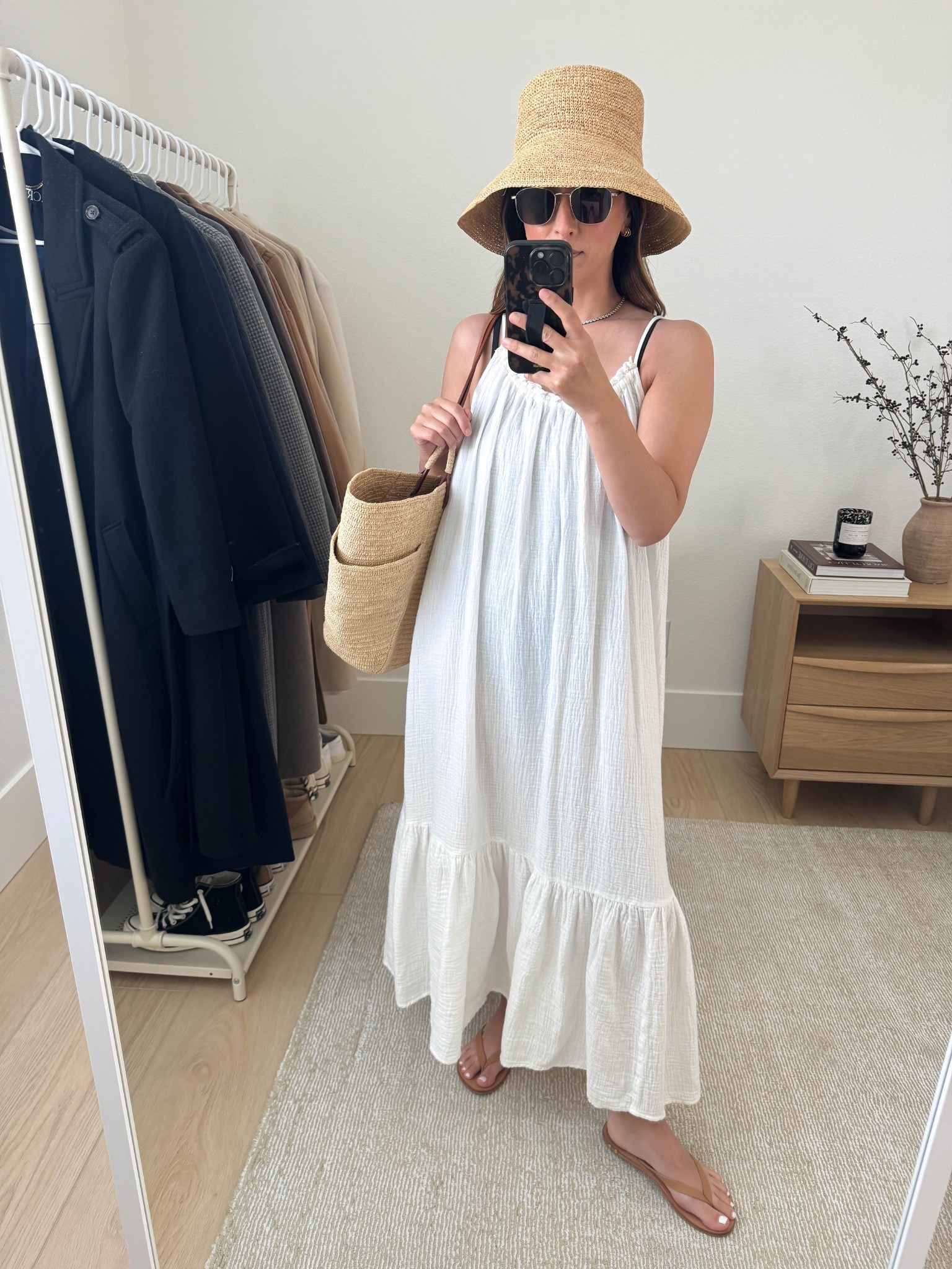 Petite swim outfits. What to wear to the pool with kids. Leaning on dresses less and less as coverups. Just feel like they're not as functional and versatile. So, it takes a special one. I thought this one was still in-stock, but looks like only the black. Linked other gauze options. 

Anthropologie dress petite xs
Beek sandals 5
Sezane tote
Jenni Kayne hat s/m. Has an adjustable strap inside. 
Le Specs sunglasses 
J.Crew earrings
Dorsey James necklace 15"

#LTKSeasonal #LTKSwim #LTKPetite