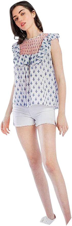 THML Then and Now Women's Clothing Printed Smocked Ruffled Yoke Woven Cotton Top | Amazon (US)