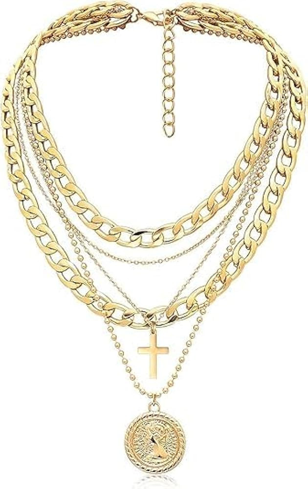 O'rengela Layered Chain Necklace with Cross and Coin Pendants, Gold-Tone, Chunky Choker Link Chai... | Amazon (US)