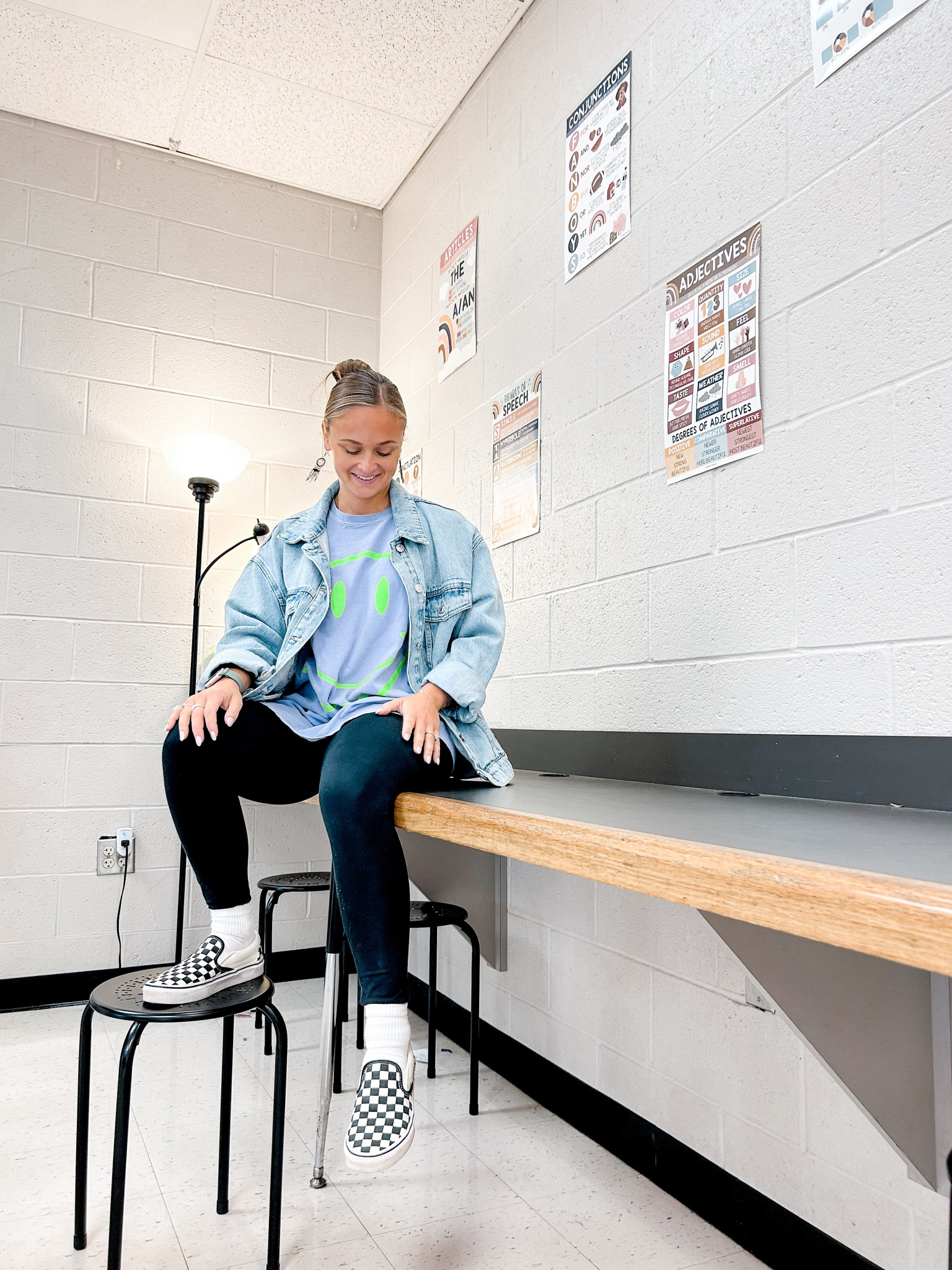 Classroom. Middle school. Ela. Secondary teacher. Teach. Ootd. Street style. Outfit of the day. Dressed in lala tshirt. Oversized tshirt. Mango oversized jean jacket. Aerie black leggings. American eagle. Vans checkered slip ons. Socks from amazon. Posters. Stools. Comfy. Fall 

#LTKSeasonal #LTKWorkwear #LTKFindsUnder100
