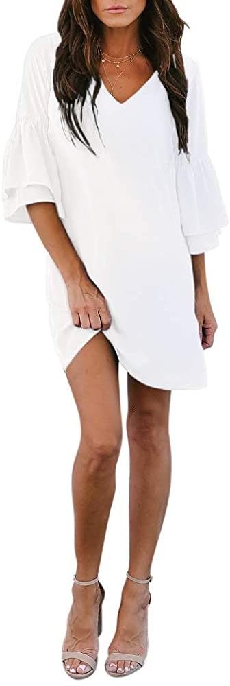 BELONGSCI Women's Dress Sweet & Cute V-Neck Bell Sleeve Shift Dress Mini Dress, Bridal Shower Dress | Amazon (US)